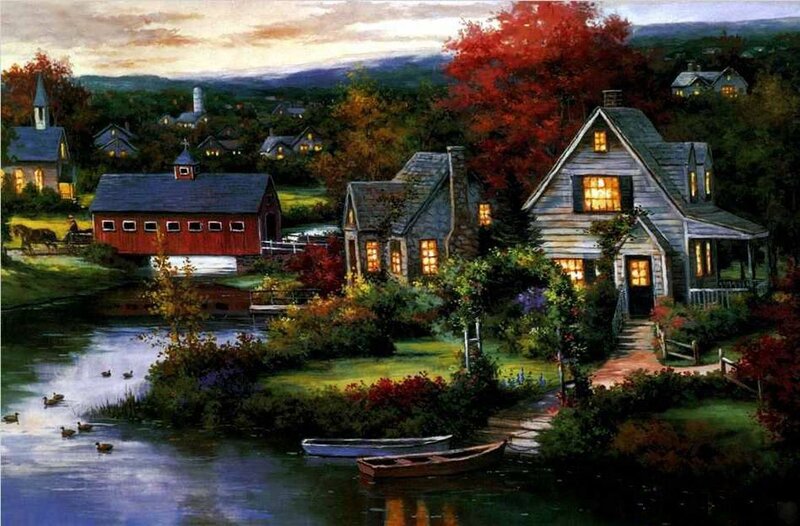 Village by River at Dusk — Green