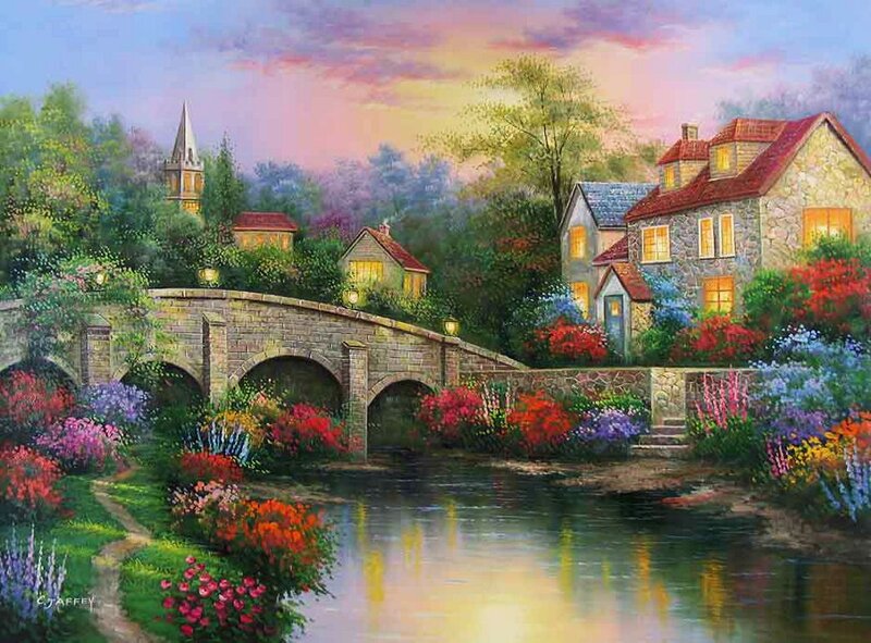 Village by River at Dusk — Purple