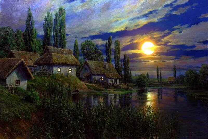 Village by River at Dusk