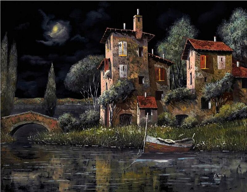 Village by River at Night — Black