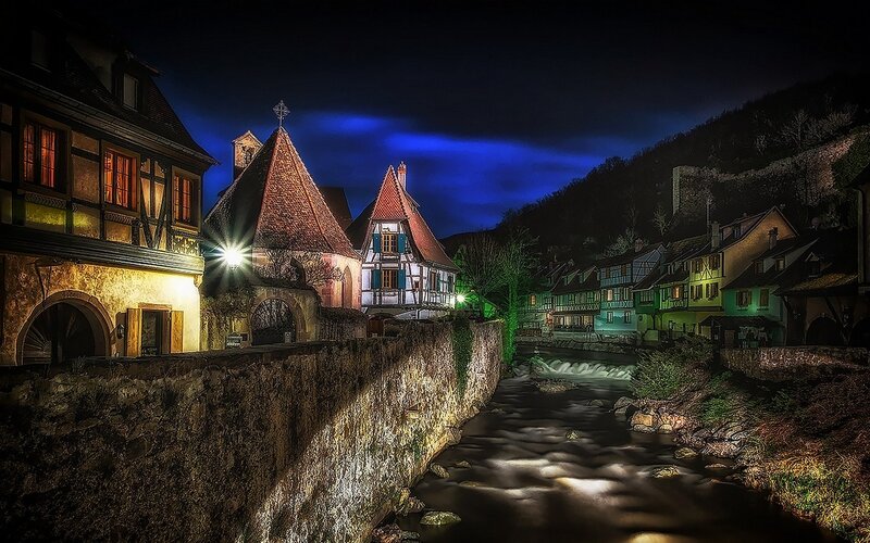 Village by River at Night — Blue