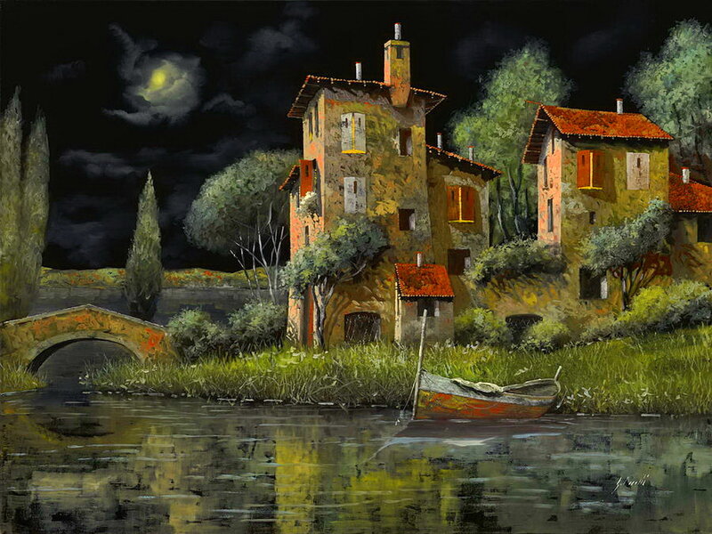 Village by River at Night — Green