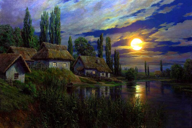 Village by River at Night