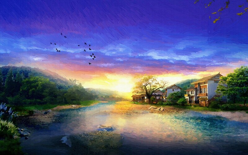 Village by River at Sunset — Blue