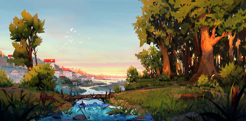 Village by River at Sunset — Green