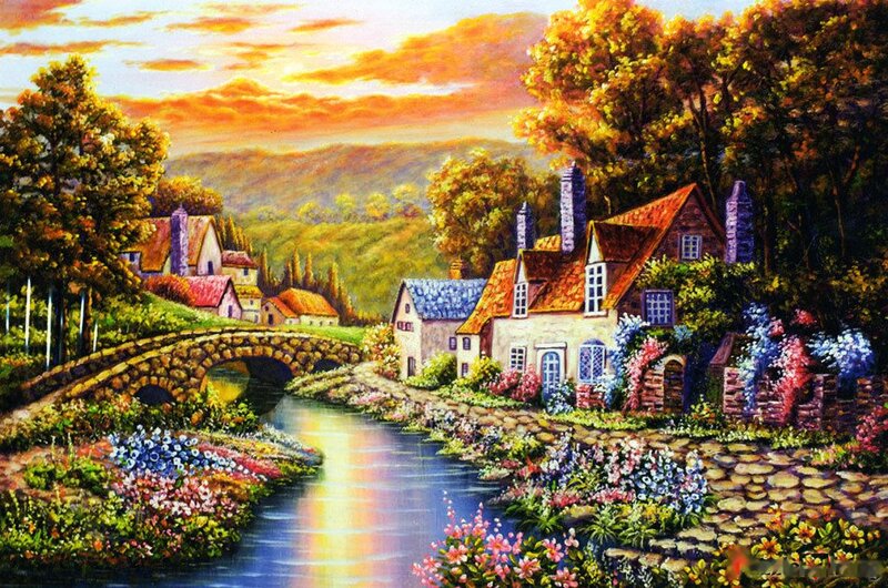 Village by River at Sunset — Orange