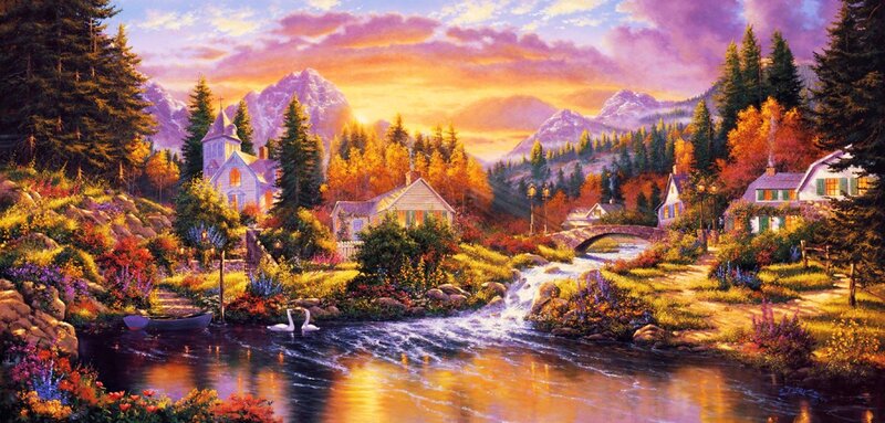 Village by River at Sunset