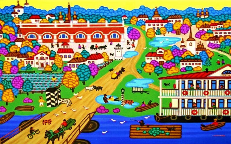 Village by River — Blue, Colorful