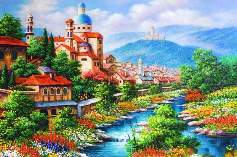 Village by River — Blue, Serene, Afternoon