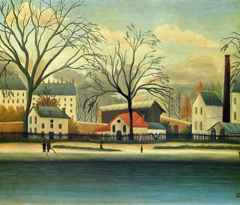 Village by River — Blue, Serene, Autumn
