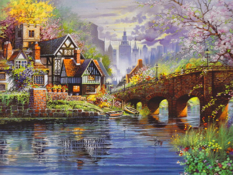 Village by River — Blue, Serene, Spring, Painting