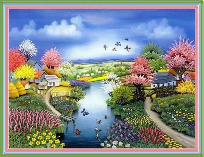 Village by River — Blue, Serene, Spring