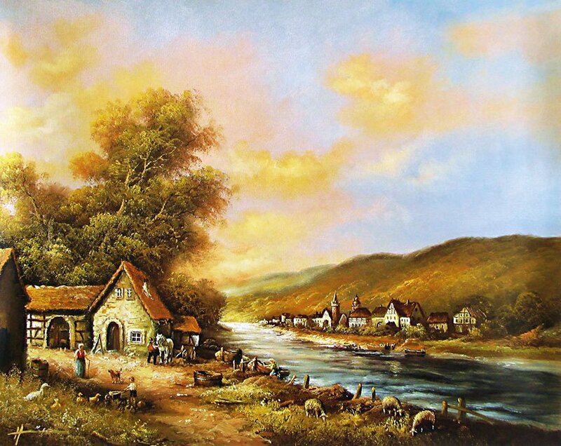 Village by River — Blue, Serene, Sunset
