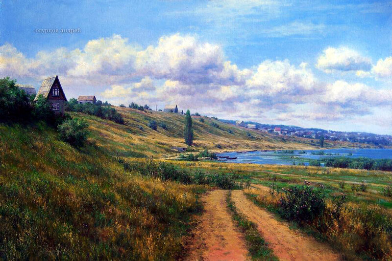 Village by River — Blue, Serene