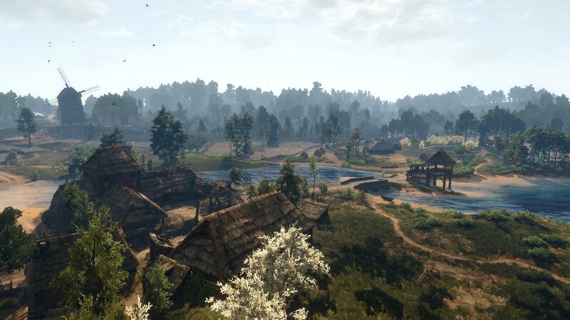 Village by River — Green, Serene, Afternoon, 3d Render, Windmill