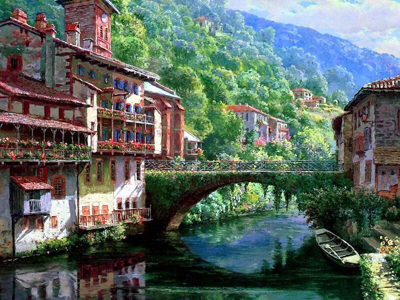 Village by River — Green, Serene, Afternoon, Painting, Bridge, Mountain