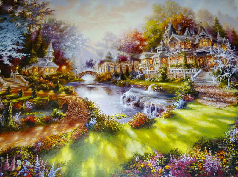 Village by River — Green, Serene, Afternoon, Painting, House