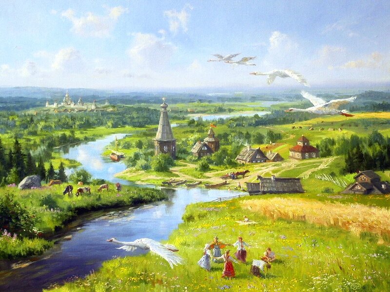 Village by River — Green, Serene, Afternoon, Painting, Swans