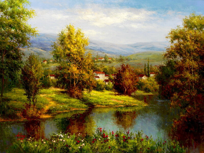 Village by River — Green, Serene, Afternoon, Painting, Trees