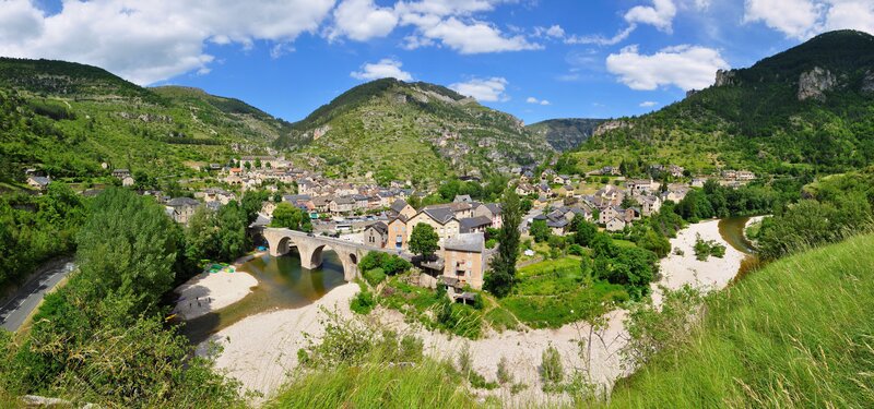 Village by River — Green, Serene, Afternoon, Photograph, Bridge