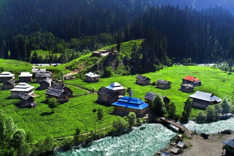 Village by River — Green, Serene, Afternoon, Photograph, Hills