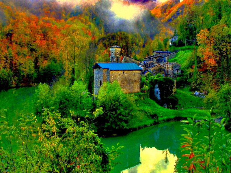 Village by River — Green, Serene, Autumn