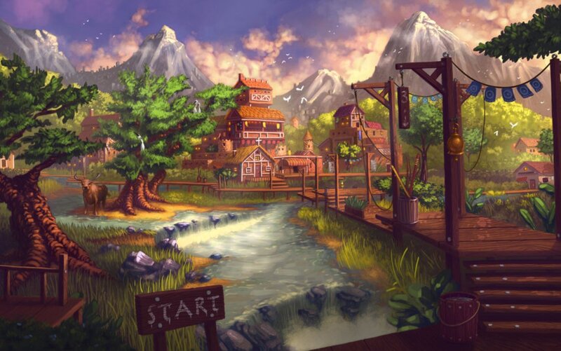 Village by River — Green, Serene, Sunset, Digital Art