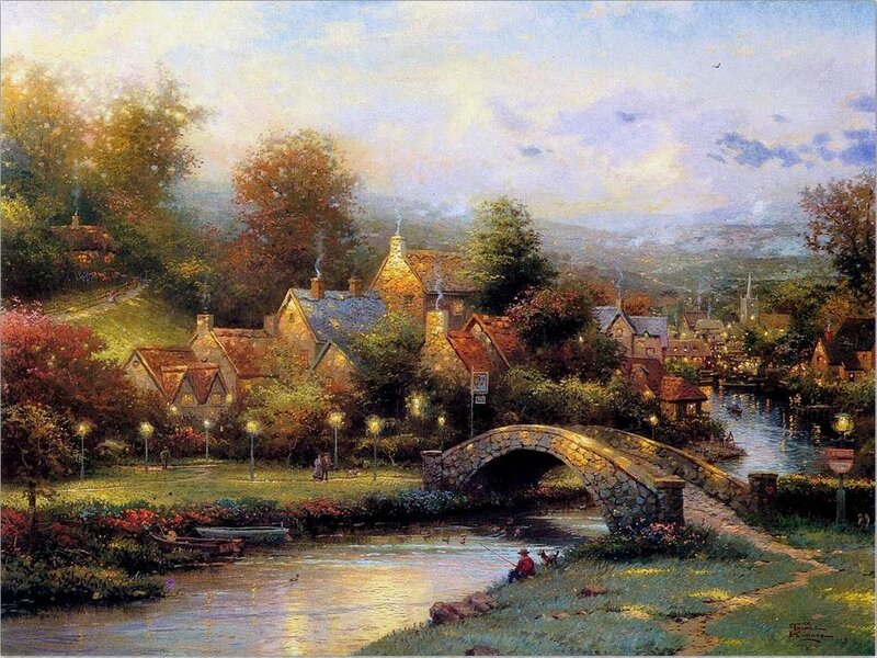 Village by River — Green, Serene, Sunset