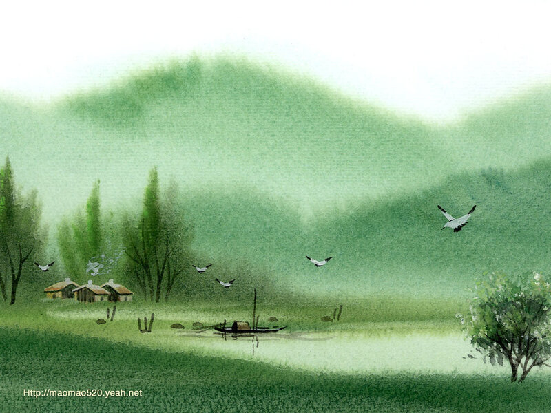Village by River in Mist