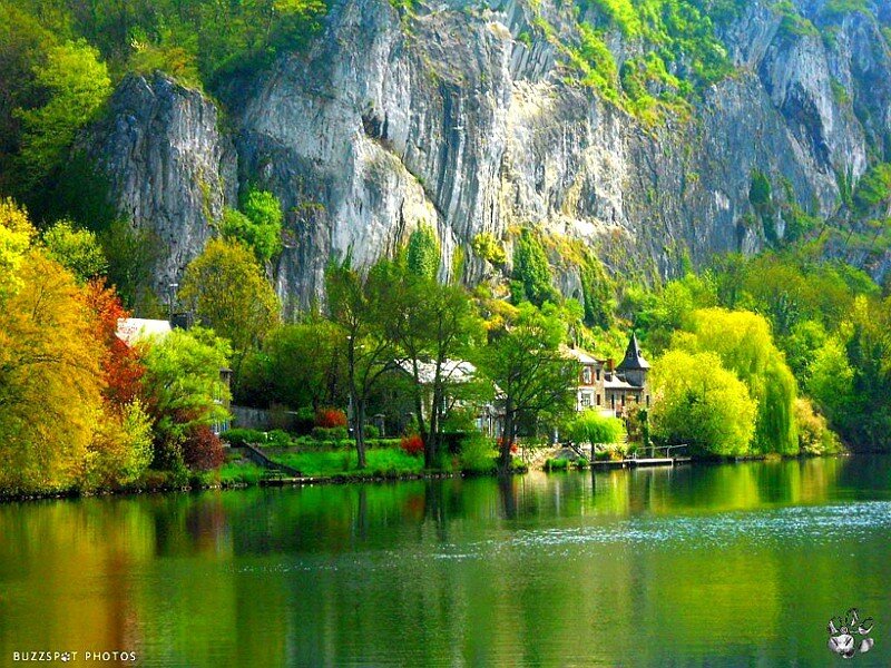 Village by the lake and cliff