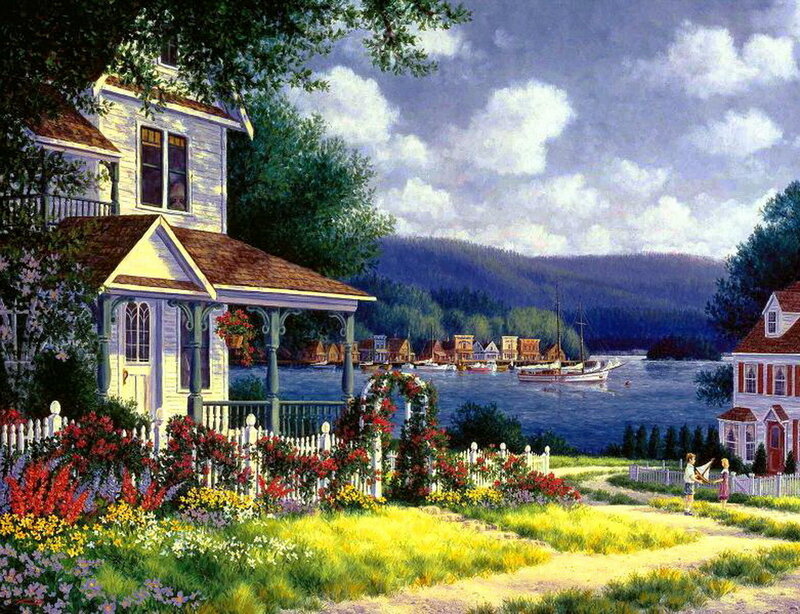 Village by the Lake — Blue, Serene