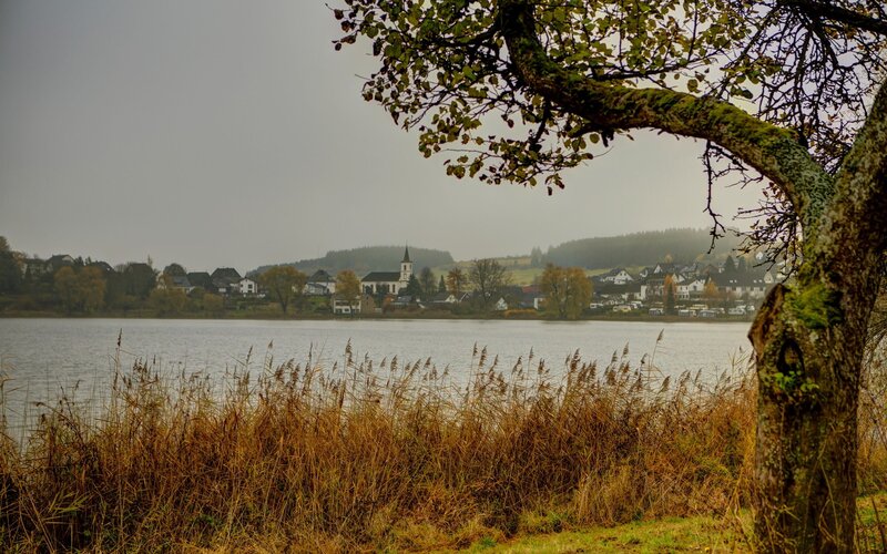 Village by the lake in autumn