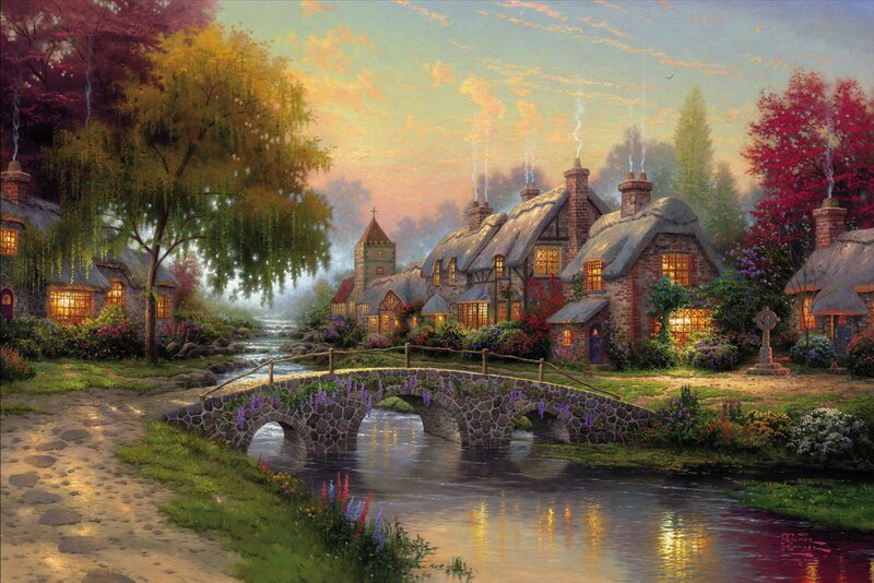 Village by the river at dusk