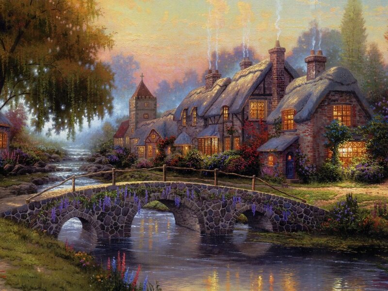 Village by the river at dusk