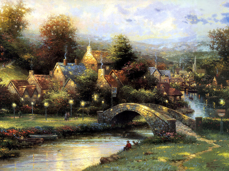Village by the river at dusk