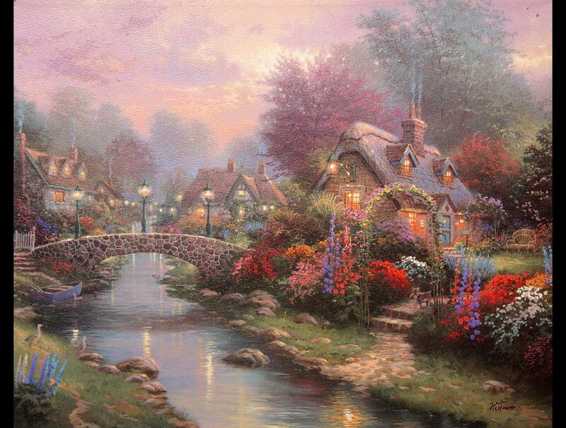 Village by the river at dusk