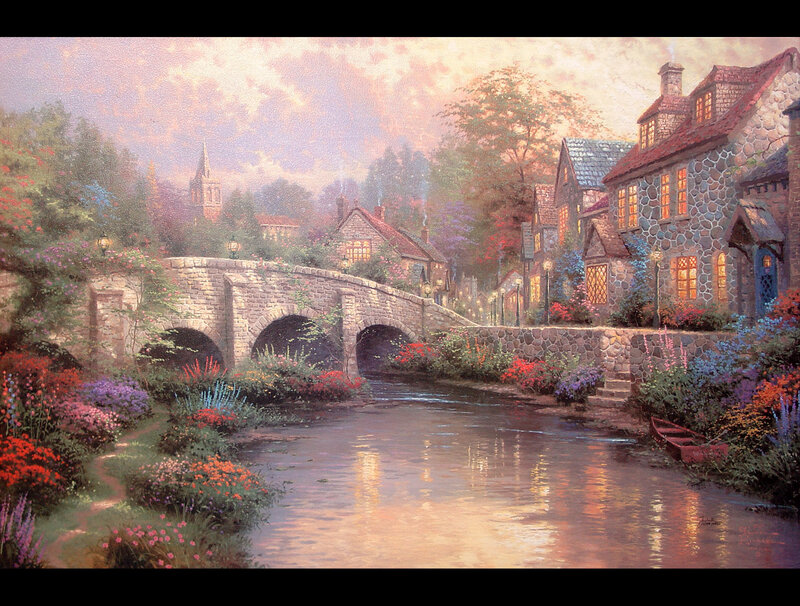 Village by the river at dusk