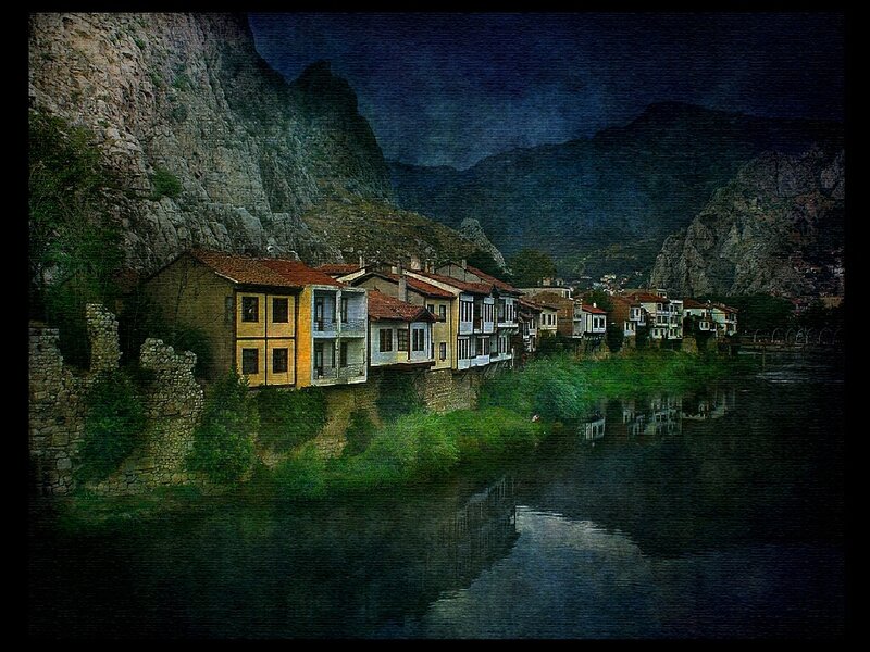 Village by the river at night