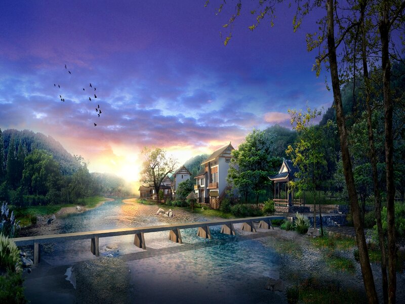 Village by the river at sunset