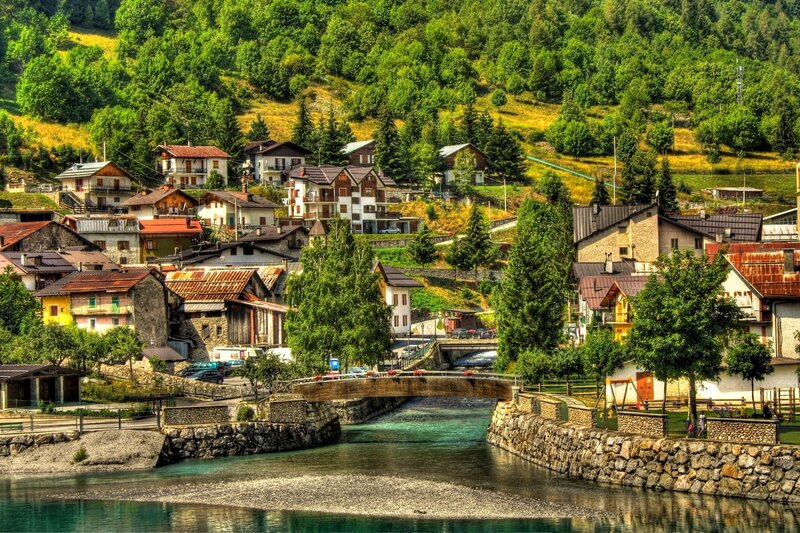 Village by the river in the mountains