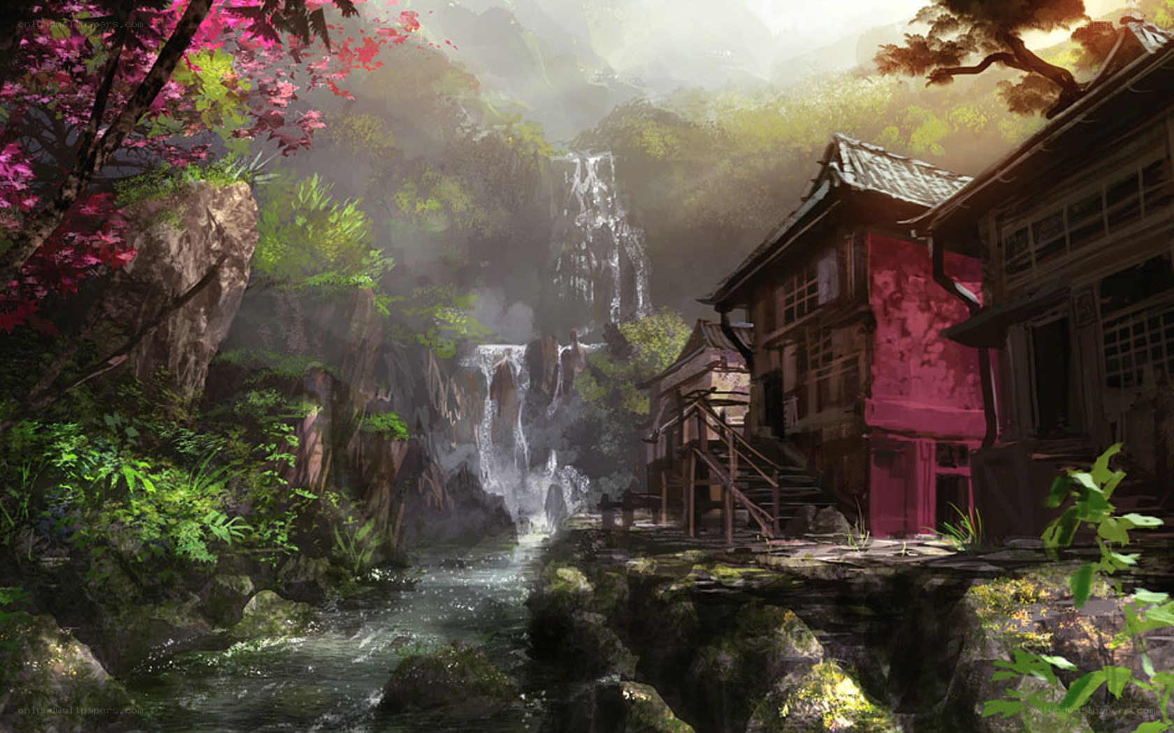 Village by the waterfall