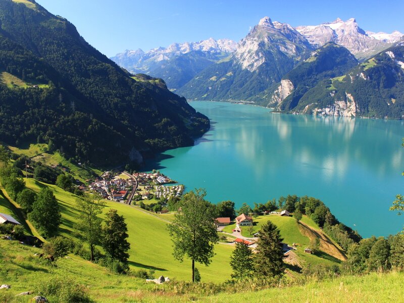Village by Turquoise Lake — Blue