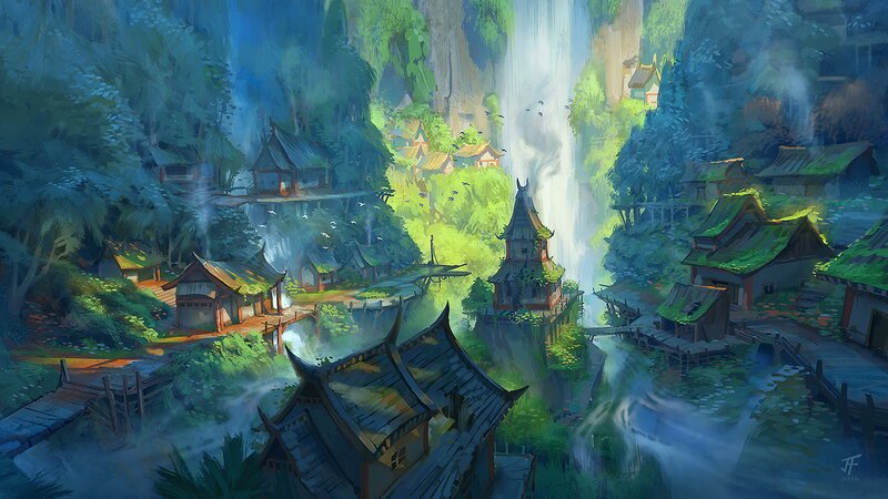 Village by Waterfall — Green, Serene, Morning