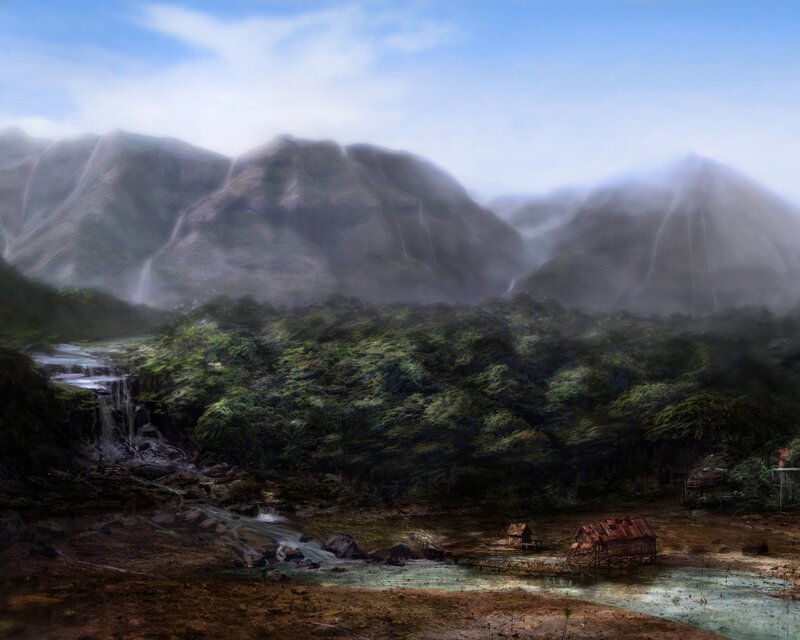 Village by Waterfall — Green, Serene