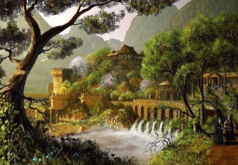 Village by Waterfall — Green