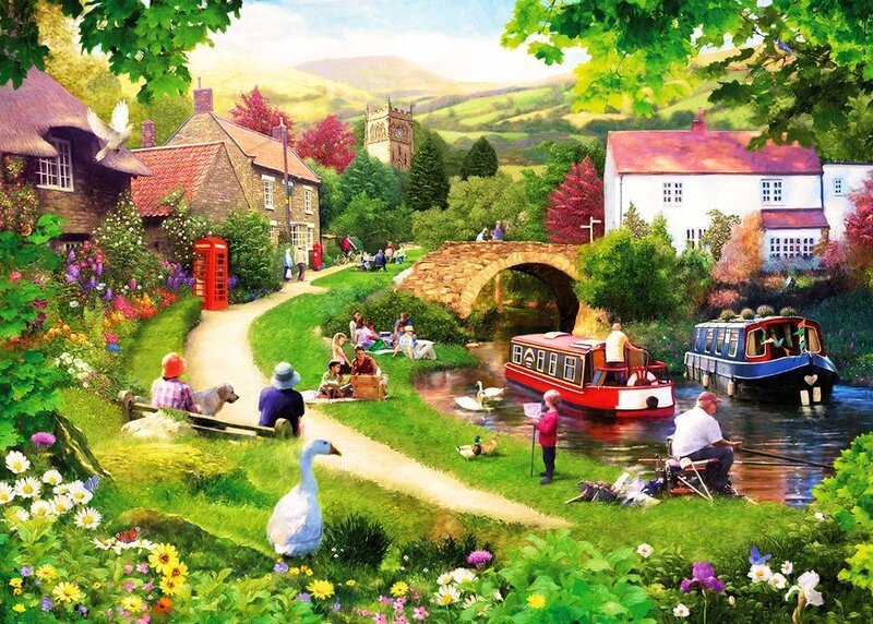 Village Canal Scene — Green, Peaceful
