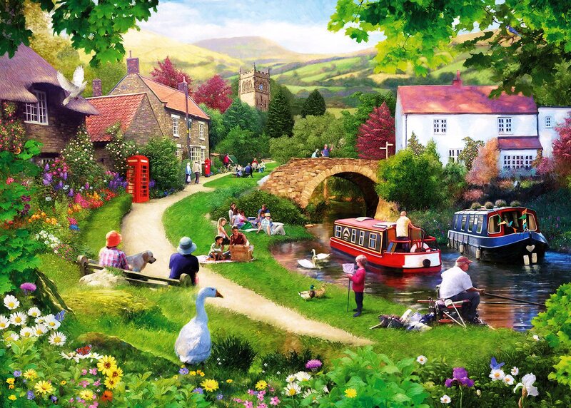 Village Canal Scene — Green