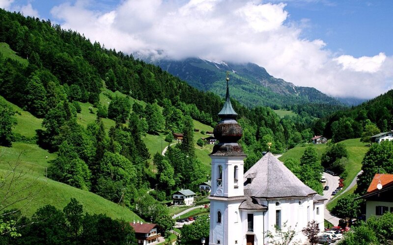 village church in alpine valley
