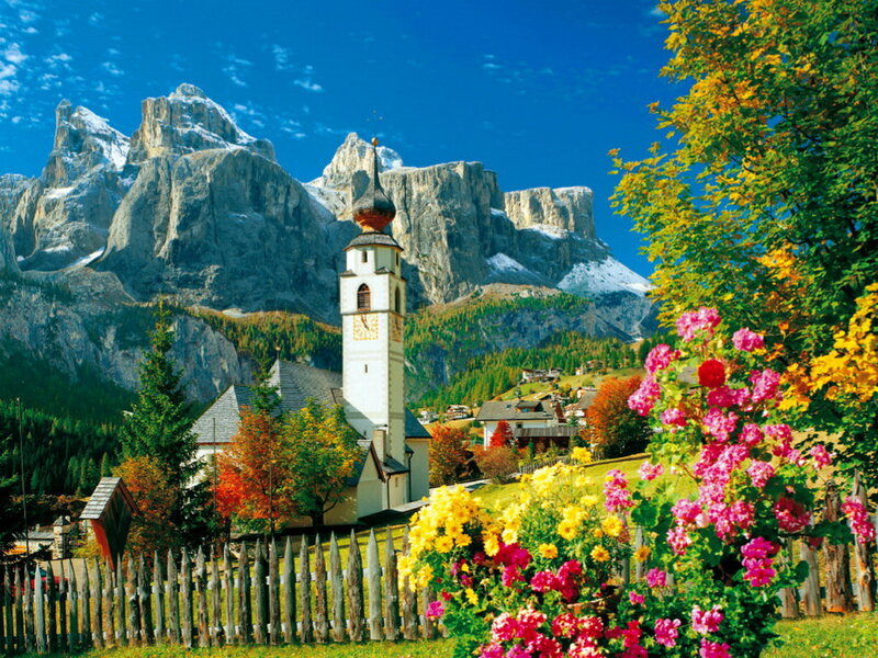 Village Church in Mountains — Blue