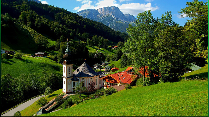Village Church in Mountains — Green